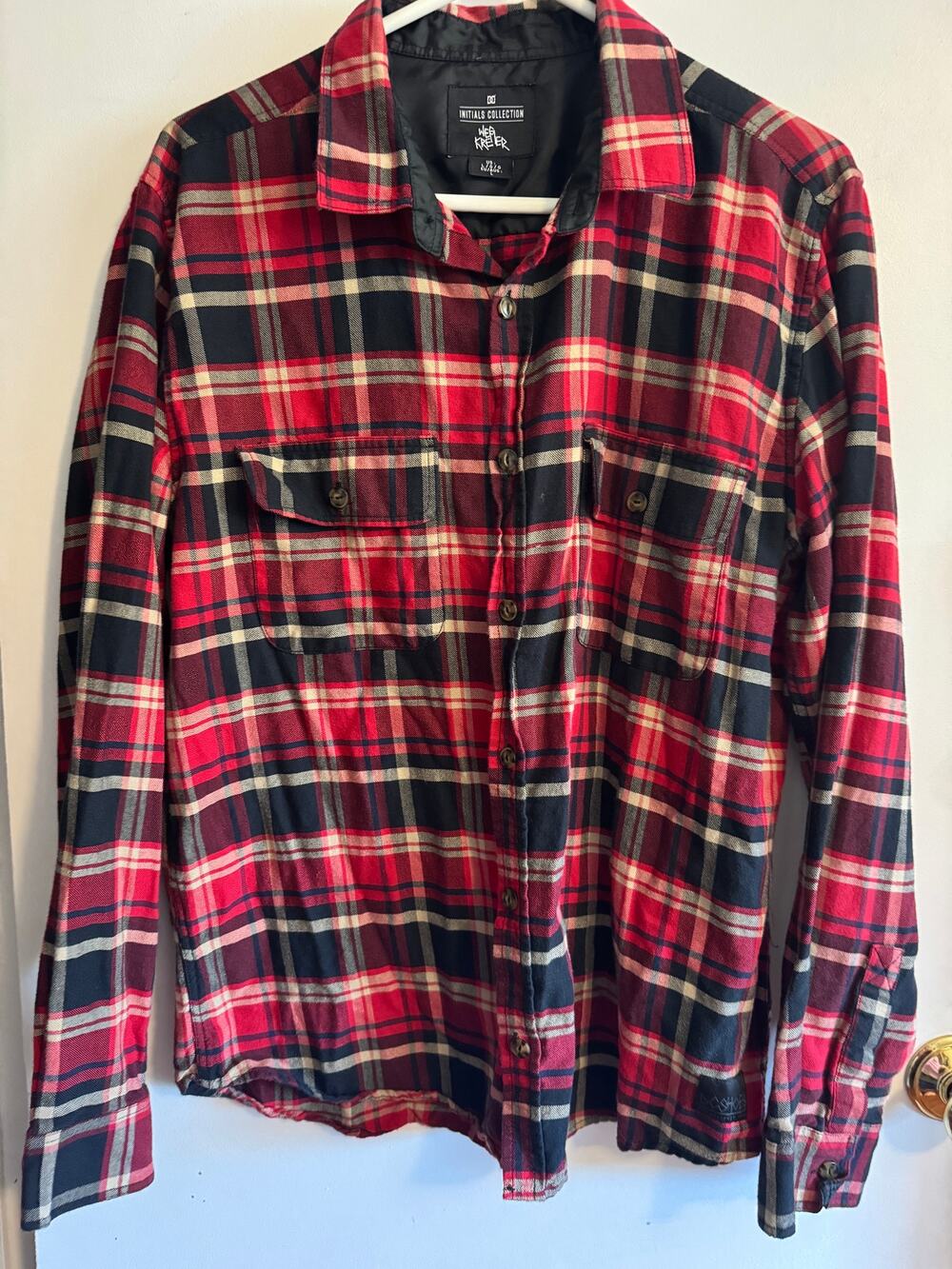 DC Shoes Wes Kremer Initials Flannel Shirt Men’s L Red Plaid Skate Lined